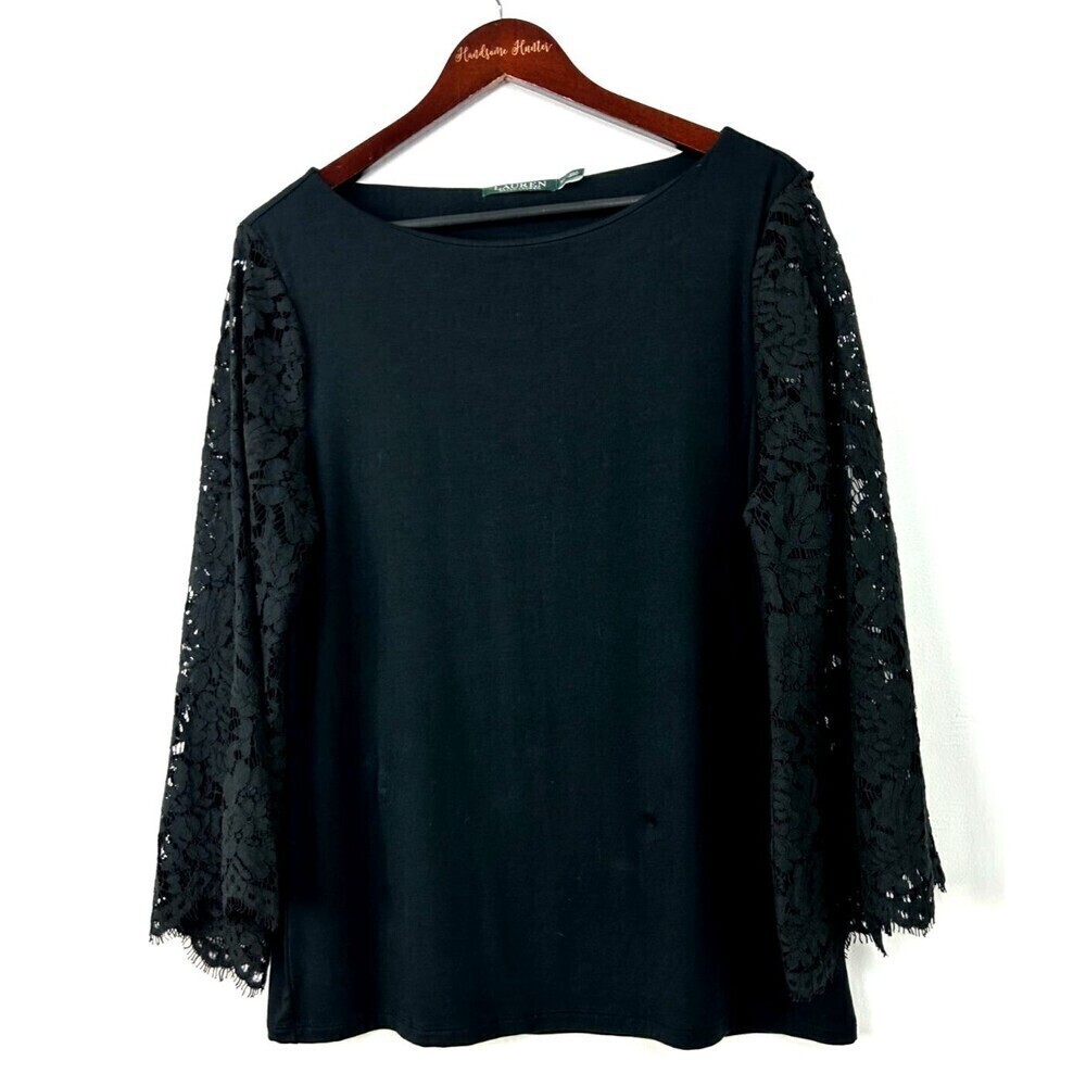 Lauren Ralph Lauren Women XL Blouse Black Lace Bell Sleeve Fairycore Whimsigoth - Picture 3 of 12
